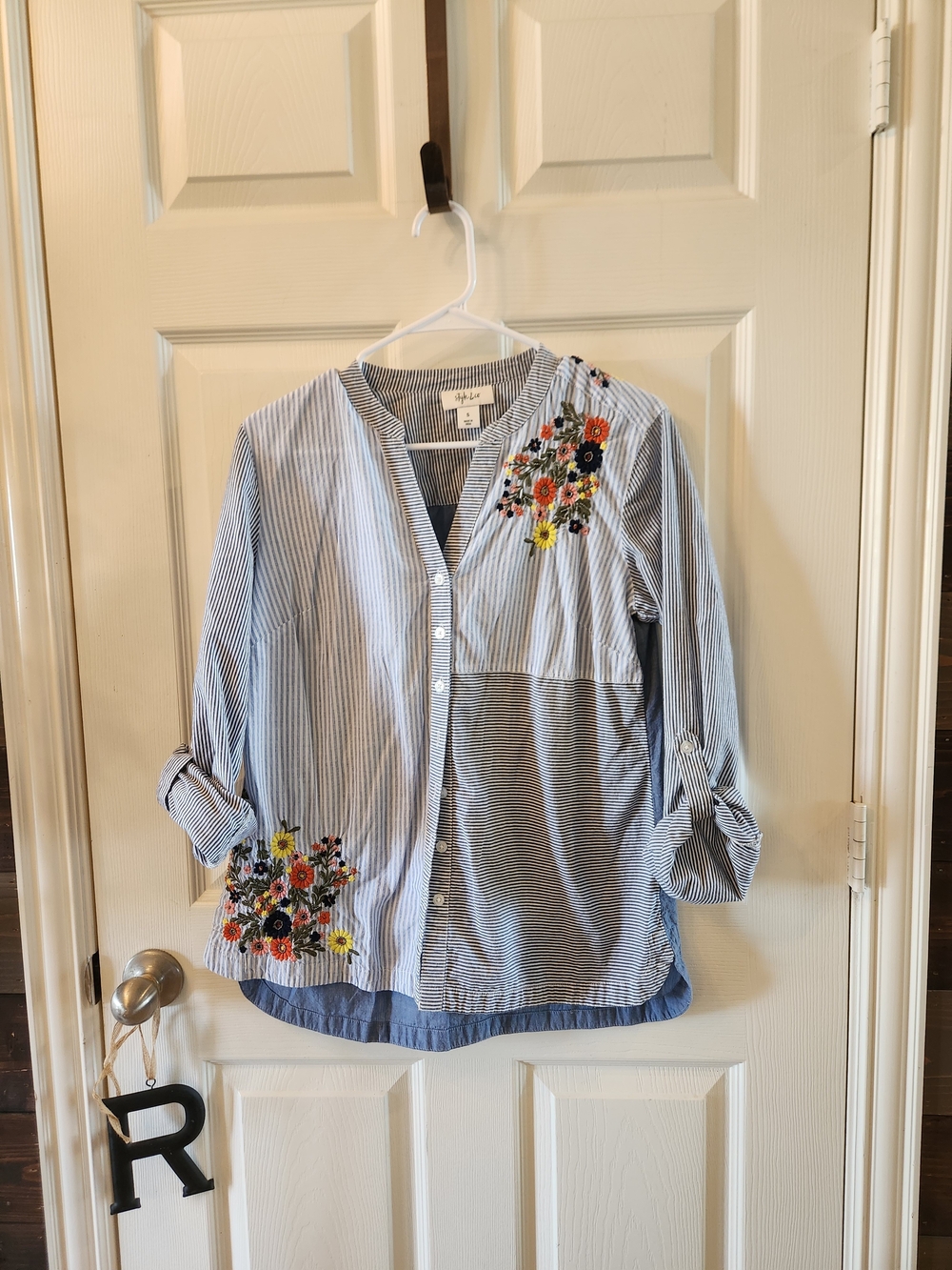 Style & Co Striped Button-Up Top with Floral Embroidery - Blue & White